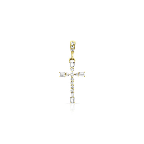 limited edition diamond baguettes cross enahncer, hinged bail, in yellow gold <span class='visuallyhidden'>Call, text 323-404-2959 for shopping help.</span>